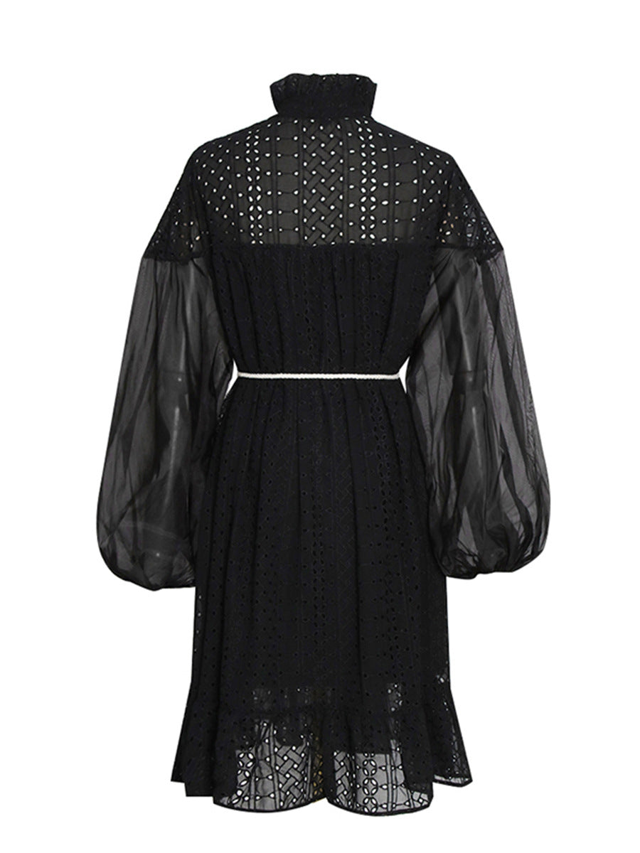 Vintage Dress Women's Dress 2025 Spring New Stand-Necked Lace Lantern Sleeve With Short Skirt