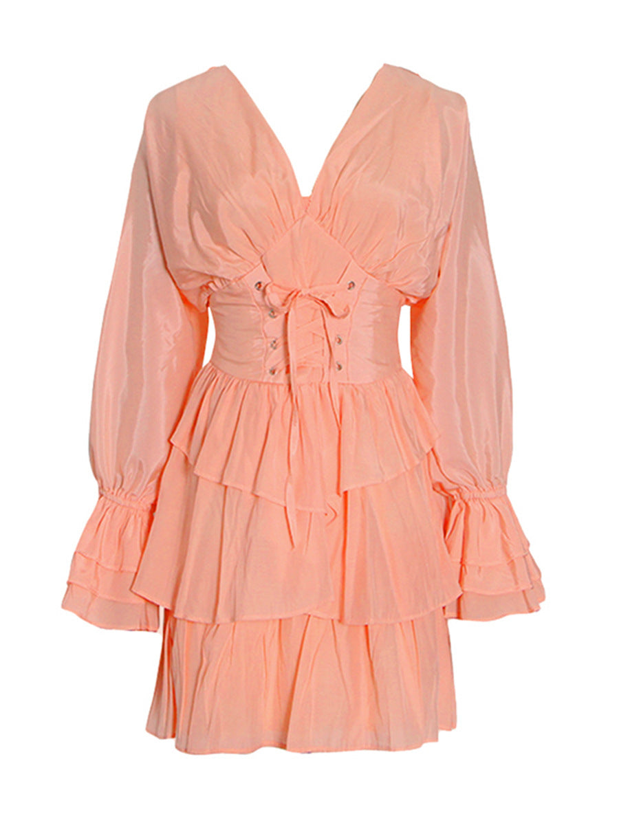 Elegant Fashion Women's Clothing Spring 2025 New V-Shaped Collar Horn Long Sleeve High-Waisted Belt Short Skirt