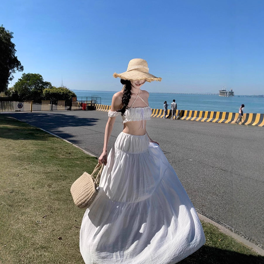 Holiday Hottie Suit Woman Summer Shoulder Tsets High Waist Half-Body Dress White Sexy Two-Piece