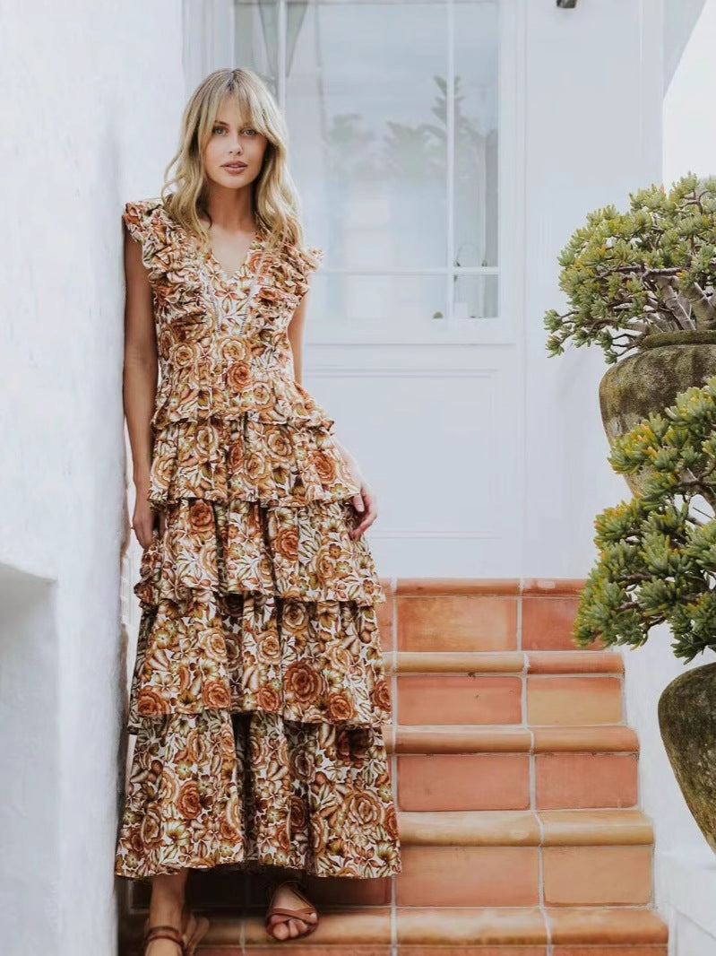 Floral Dress 2025 Australian Pastoral Wind V Collar Layer Lotus Leaf Cake Vest Dress Dress Dress