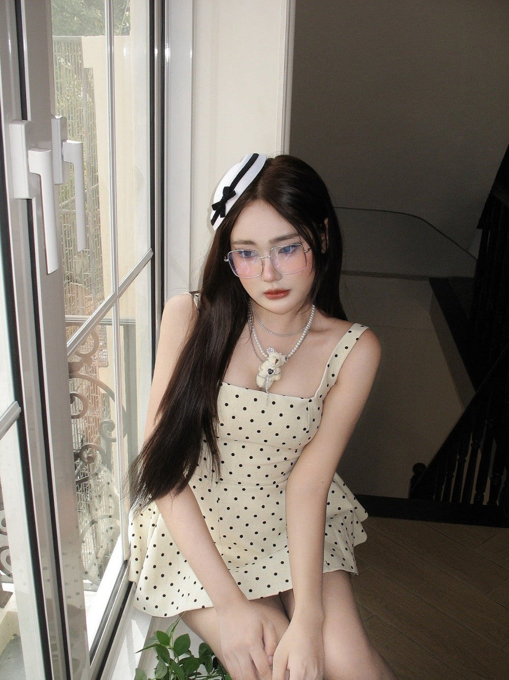 Shuxin Jennie With The Same High-End French Sweet Dot Dress Woman Thin Folded Folded Folded Tying Dress