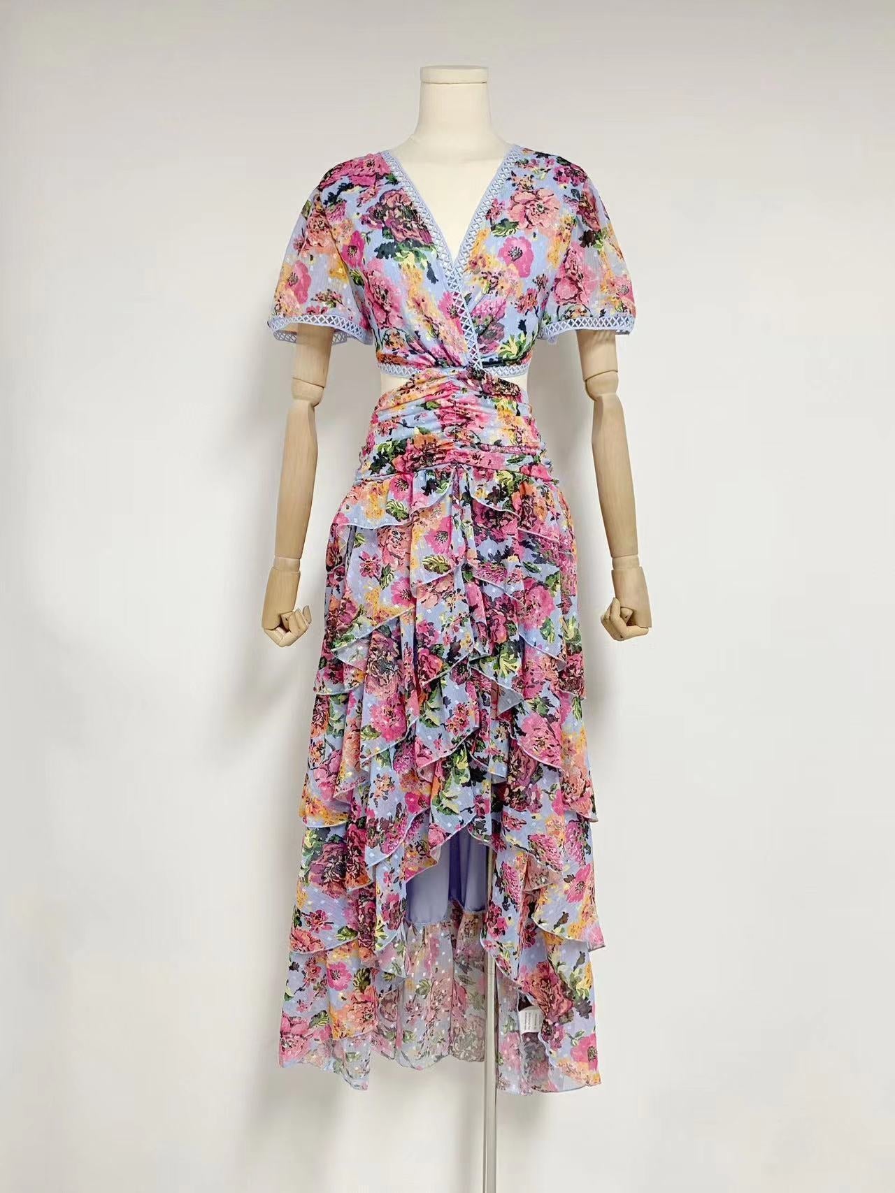 Niche 2025 Spring And Autumn V-Necked Lotus Leaf Side Splicing Skirt Sexy Loaf Long Dress Woman