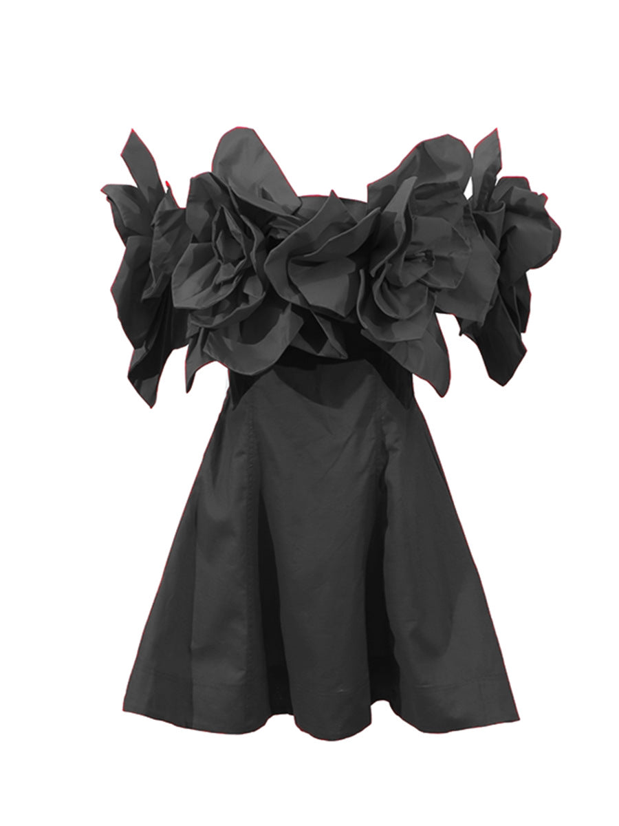 Evening Dress Three-Dimensional Flowers Spliced A Word Shoulder Skirt 2025 New Women's Summer Waist Solid Color Dress Women