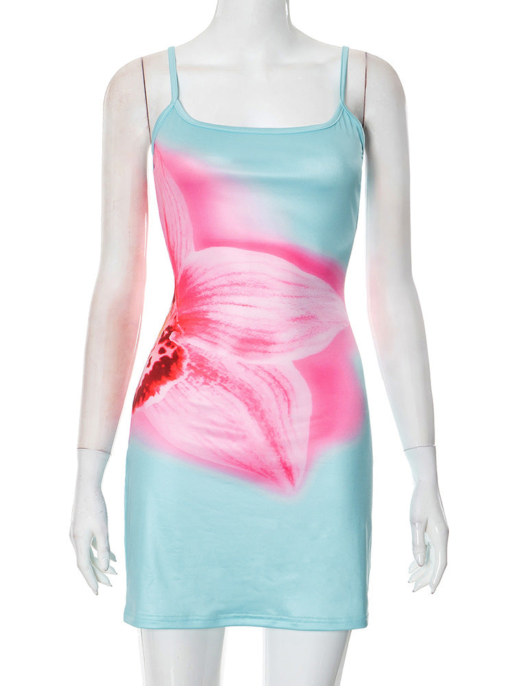 Women's Sleeveless Bare Back Slings Floral Print Tight-Buff Dress DJPT