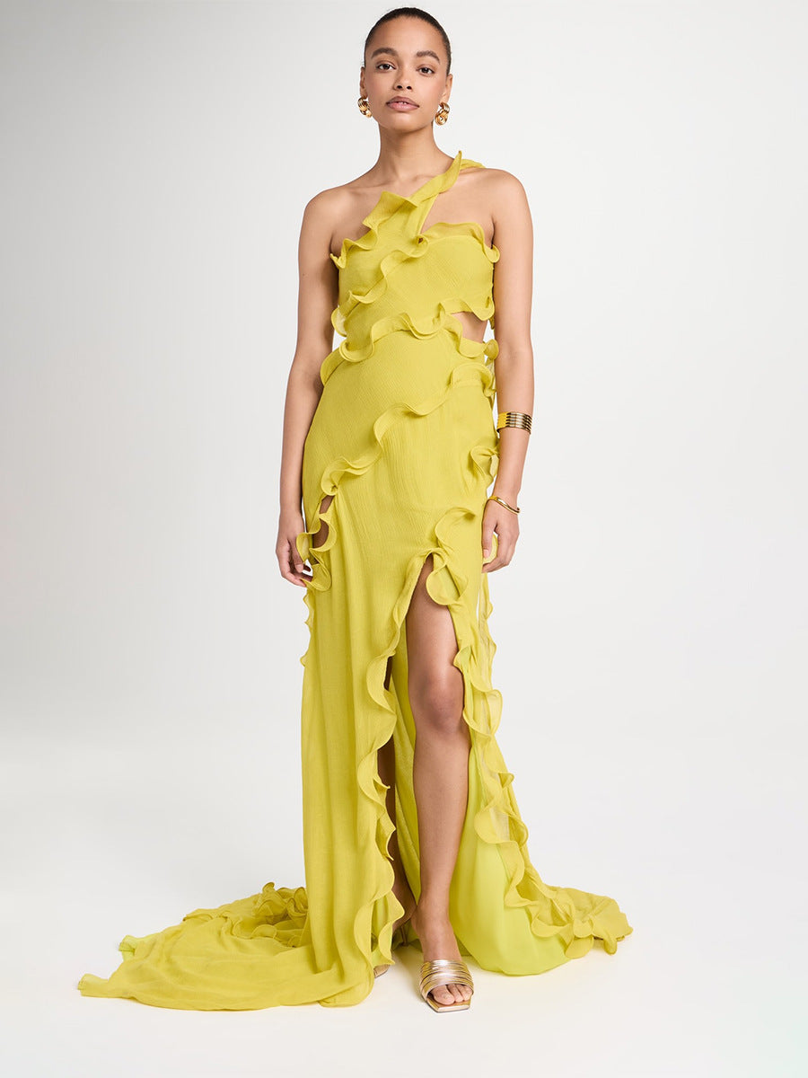 Wind-Slanted Shoulder Dress Dress 2025 Spring New Splicing Wood Ear Repair Sexy Open Skirt Dress Woman