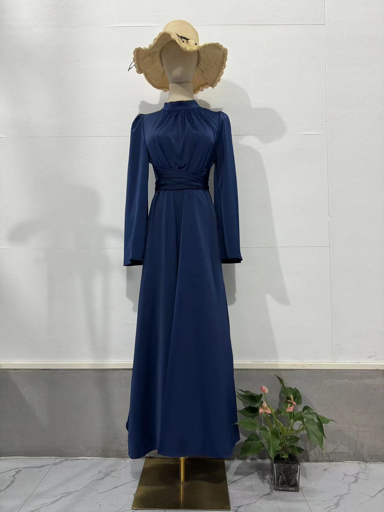 2025 New Waist Display Thin Strap Solid Color Long Sleeve Dress Design Dress Dress Dress Woman