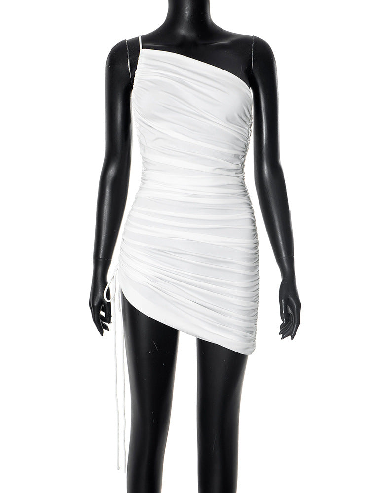 Women Decorate Body Solid Sleeveless Cord Drawstrings Folding Short Dress DJPT