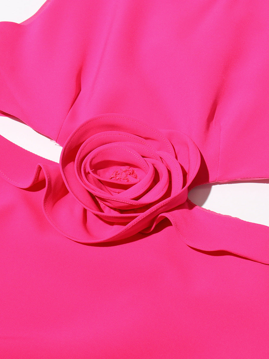 Small Sexy A-Dress 2025 New Round-Neck Sleeveless Design Lumbar Three-Dimensional Flowers Short Dress Dress Woman