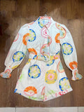 And Summer 2024 Australian Seaside Holiday Wind Leisure Long-Sleeved Shirt + With Belt High-Rise Printed Shorts Set For Women