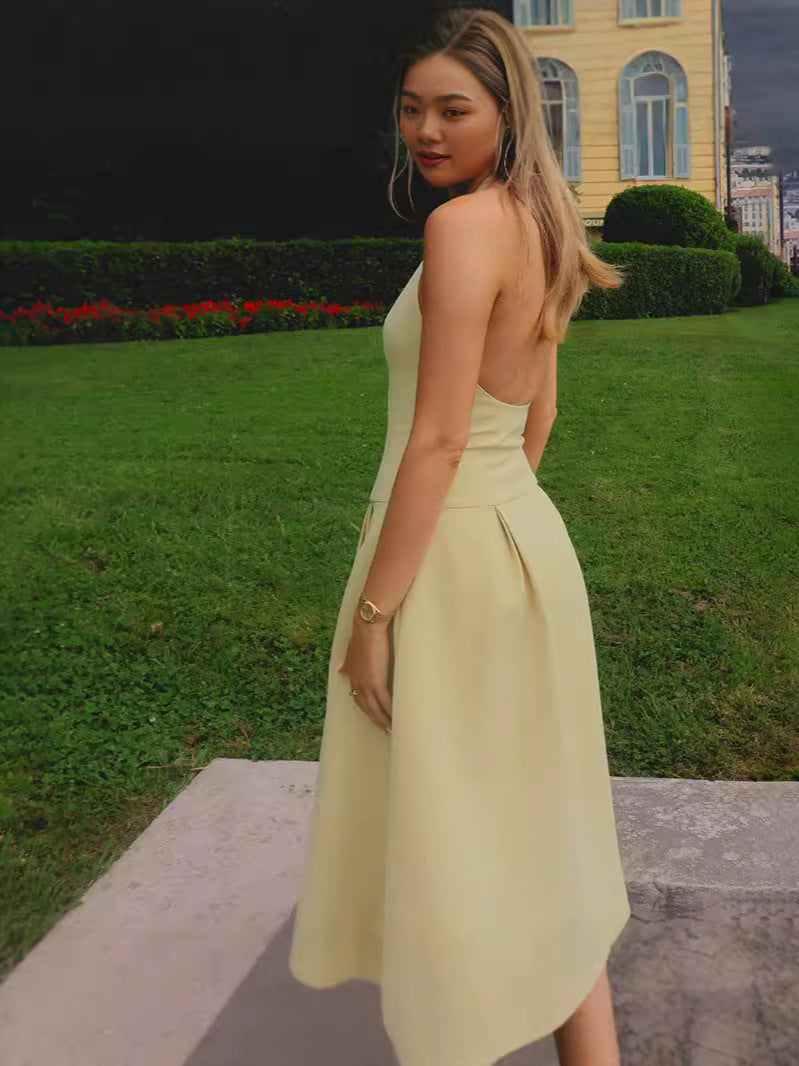 Summer Women's New Temperament Hanging Neck Solid Color Elegant Sexy Dress