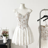 Spring And Summer Vietnam Design Sense Niche Fairy-Collar Sexy Wrapped Brat Horn Sleeves To Close The Waist Folded Lace Dress