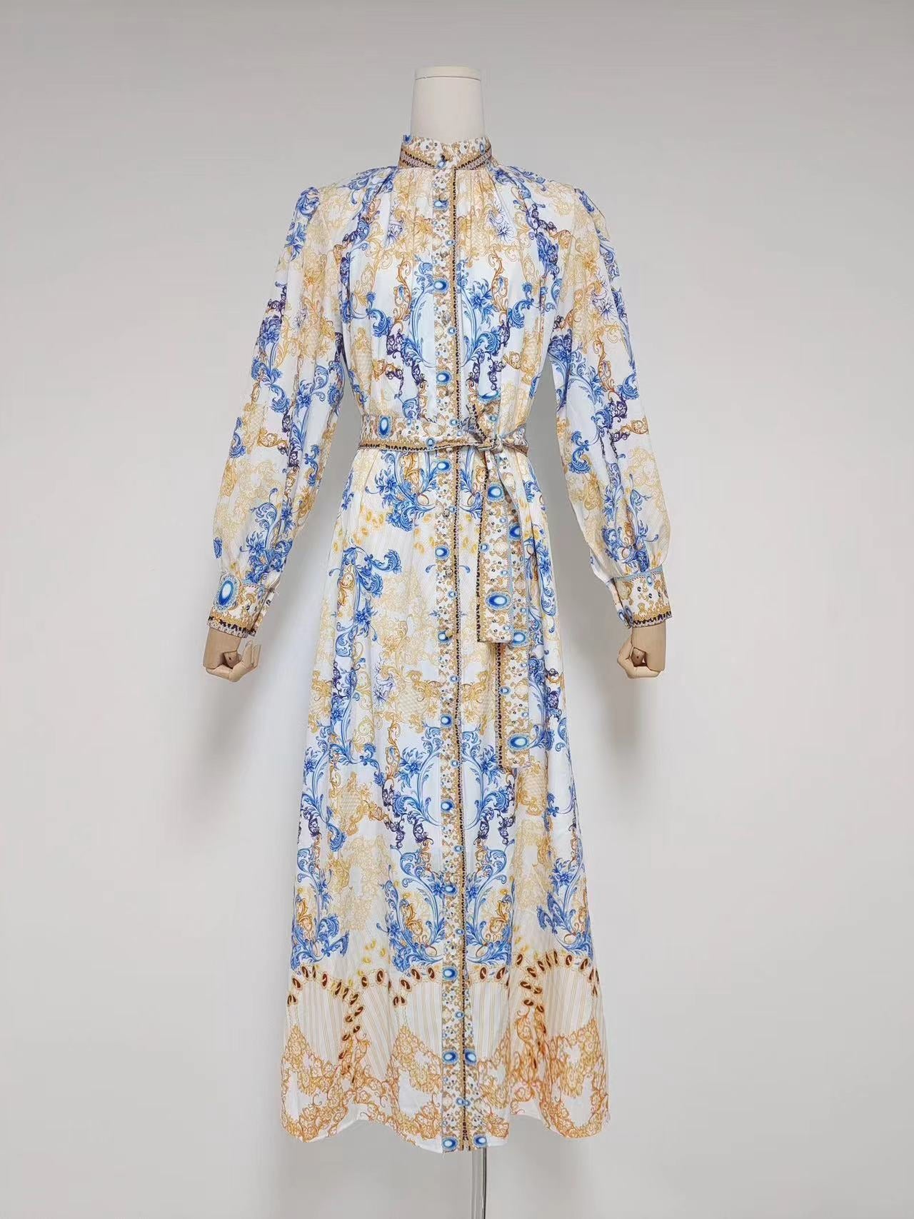 Famous Wind High-End Printing Small Collar Single Buckle Collar Buckle With Waist Long Dress