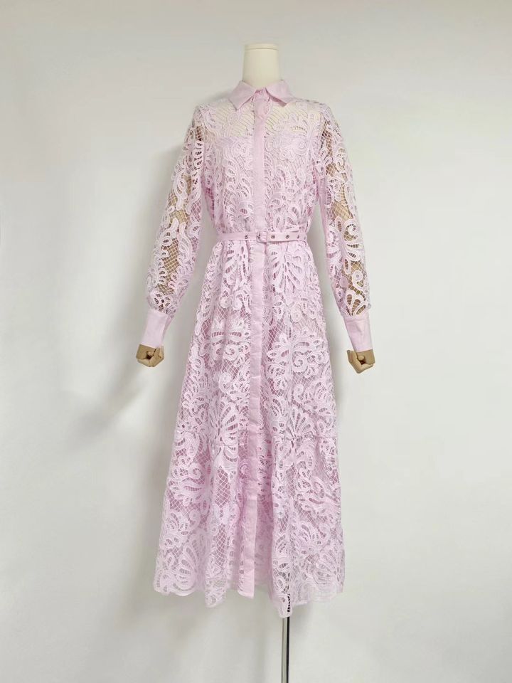 2024 Australian Fashion Elegant Collar Lantern Sleeve With Belt Embroidered Air Dress Dress