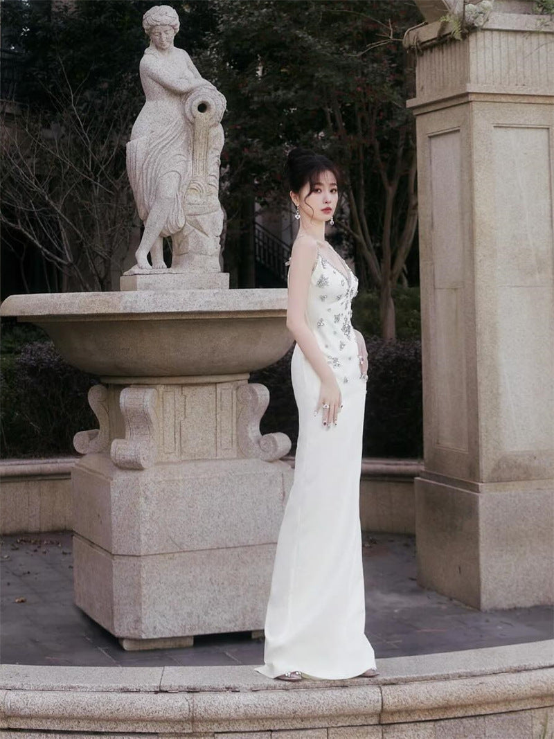 Shuxin's Design Of The Same Water-Drilled Sling Dress Female Senior Sense V-Neck Body Banquet Bag-Gown Dress Dress