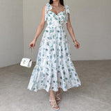 Women's Summer Strap Sling V Tie Floral Skirt High Waist Repair Temperament