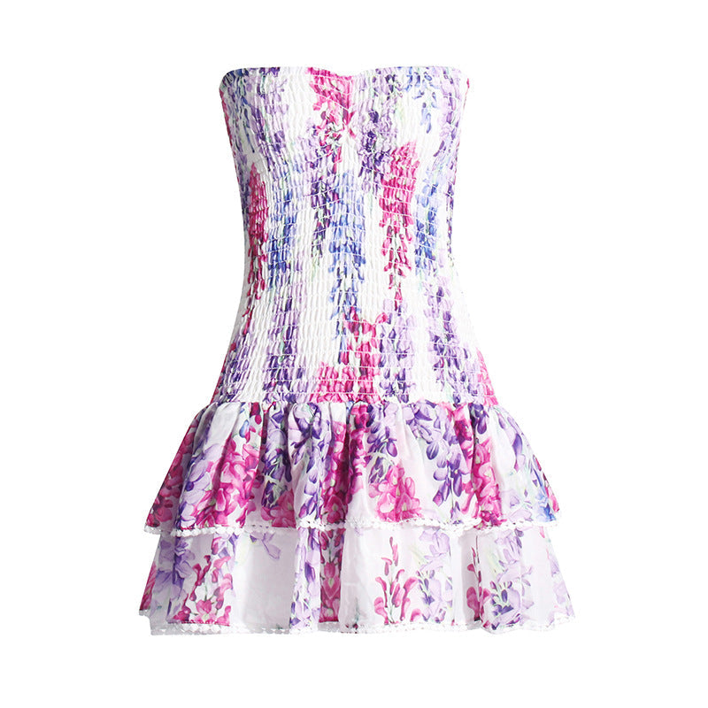 Holiday Style Dress 2025 Summer New Breast-Print Body-Wearing Short Skirt Girl With Lotus Leaf Side