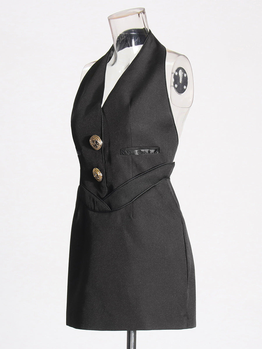 Temperament V-Neck Hanging Neck Dress Chicly Sexy Body-Claw-Dressed Button-Up Suit Dress Dress Women's Dress