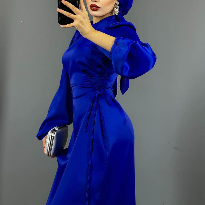 Women's New Round-Neck Lantern Sleeve Dress Side Belt With Body-Repair Dress Dress