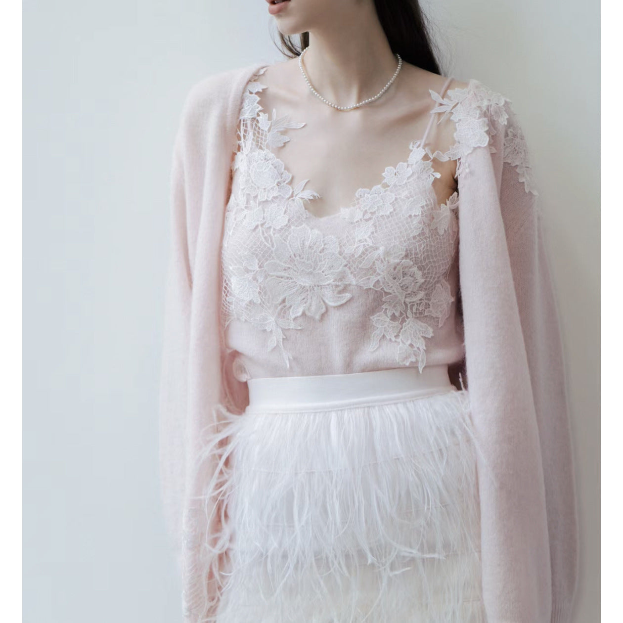2024 New Lace Embroidered Cardigan Vest Feather Dress Tender Gentle Romantic Three-Piece Set