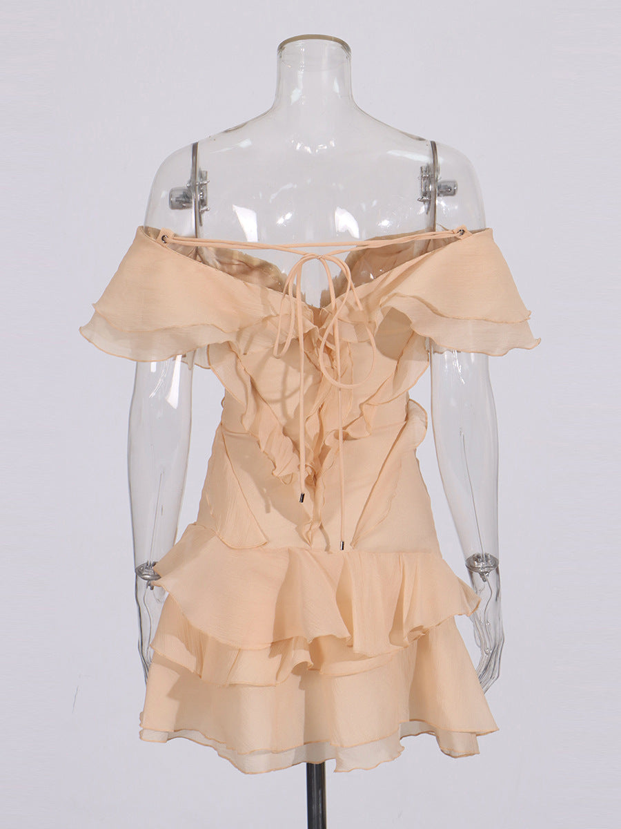 Holiday Wind Shoulder Short Dress 2025 New V Collar Shoulder Lotus Side Flower Dress Female High Sense
