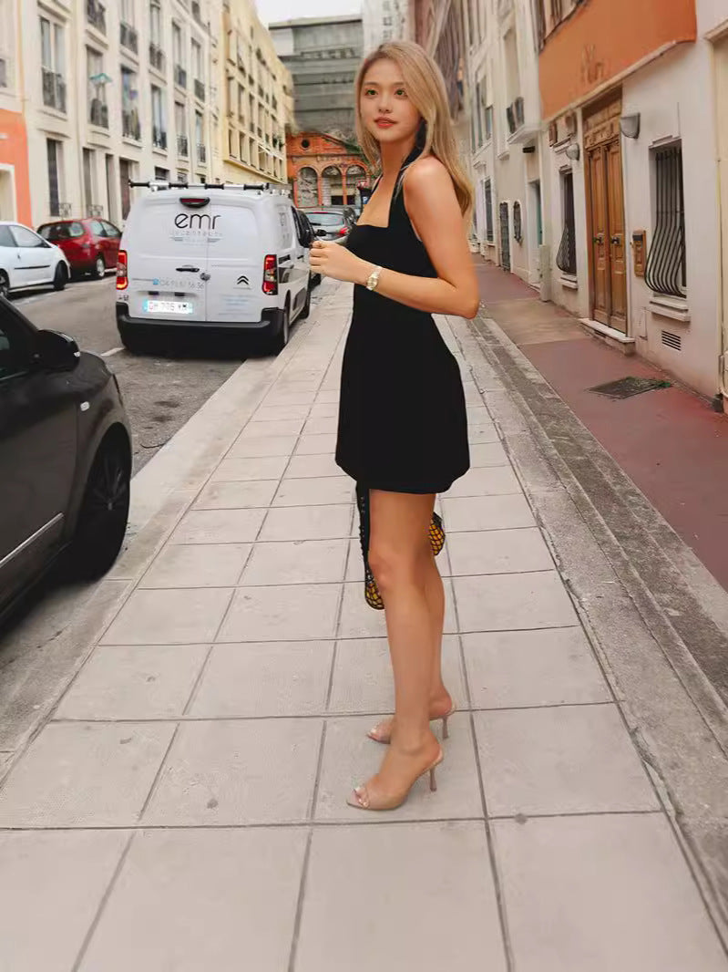 Summer Women's New Fashion Sexy Street Hanging Neck Solid Dress