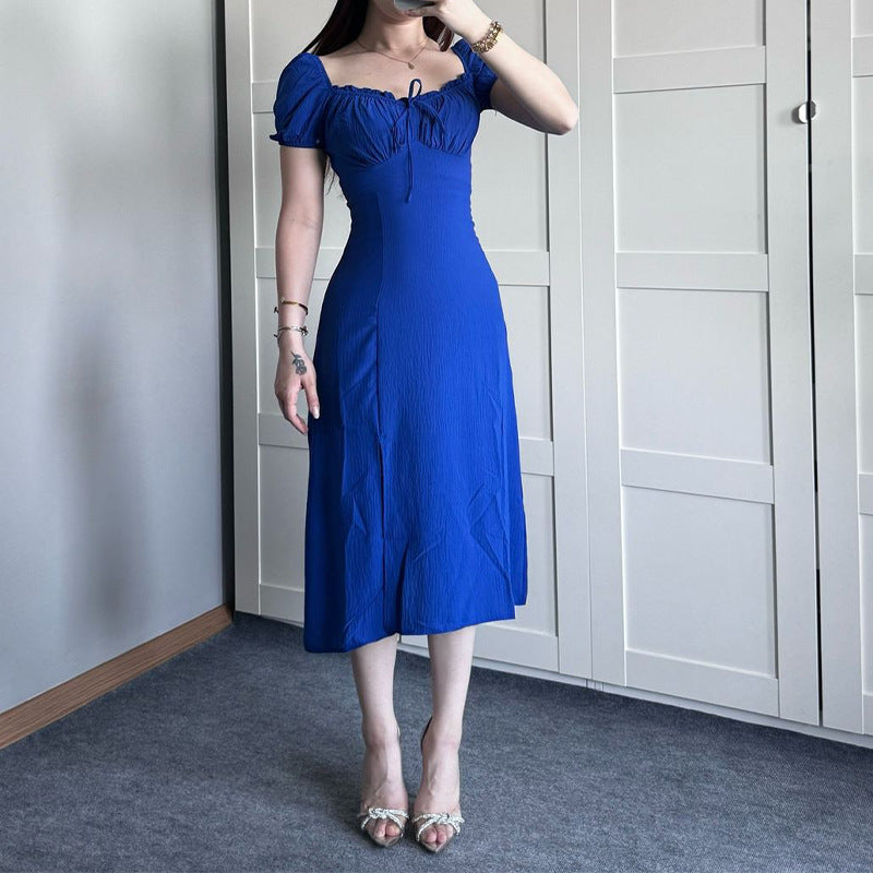 Women's Summer Collar Bubble Sleeve With High Waist Repair Fork Sexy Long Dress