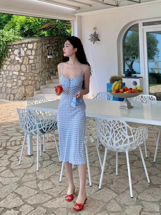 Mengling With A Sweet Blue Checkerge Dress 2025 Retro Square Collar Sexy Body Dress