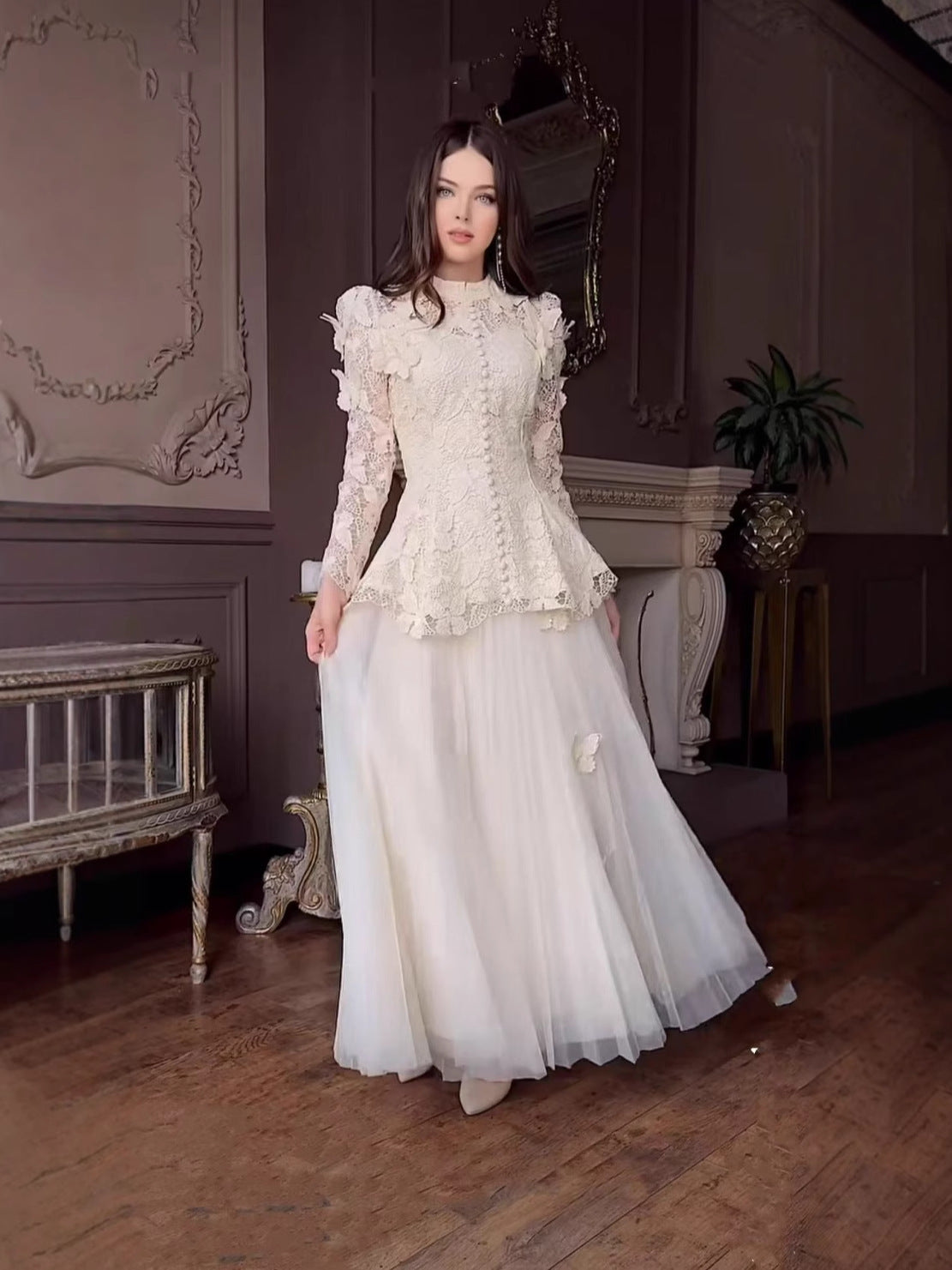 Spring French High-End Temperament Collar Three-Dimensional Butterfly Water-Soluble Lace Splicing Mesh Dress Dress