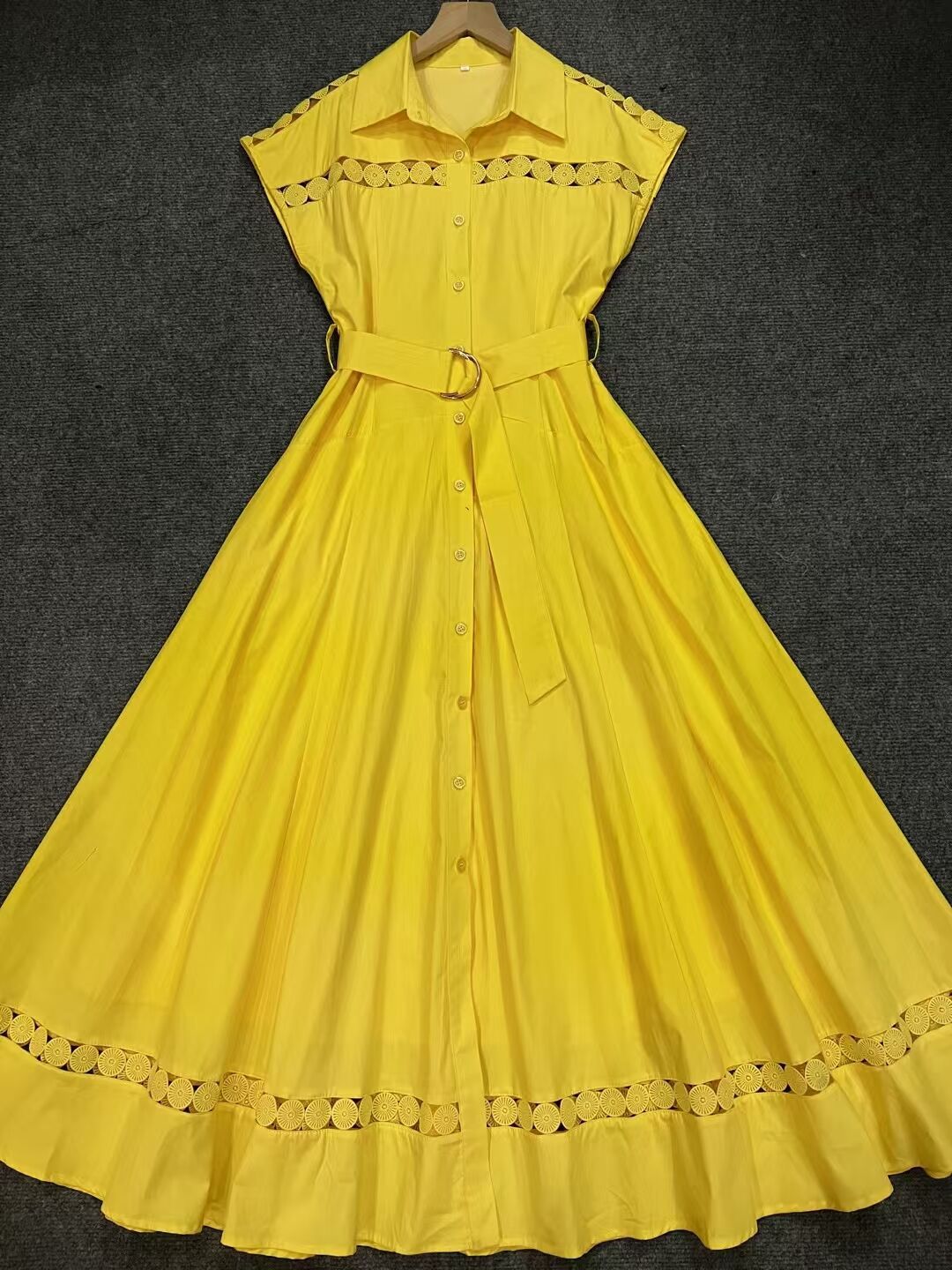 Spring And Summer Holiday Wind Collar Lace Splicing Hollow Belt Shirt Dress Dress