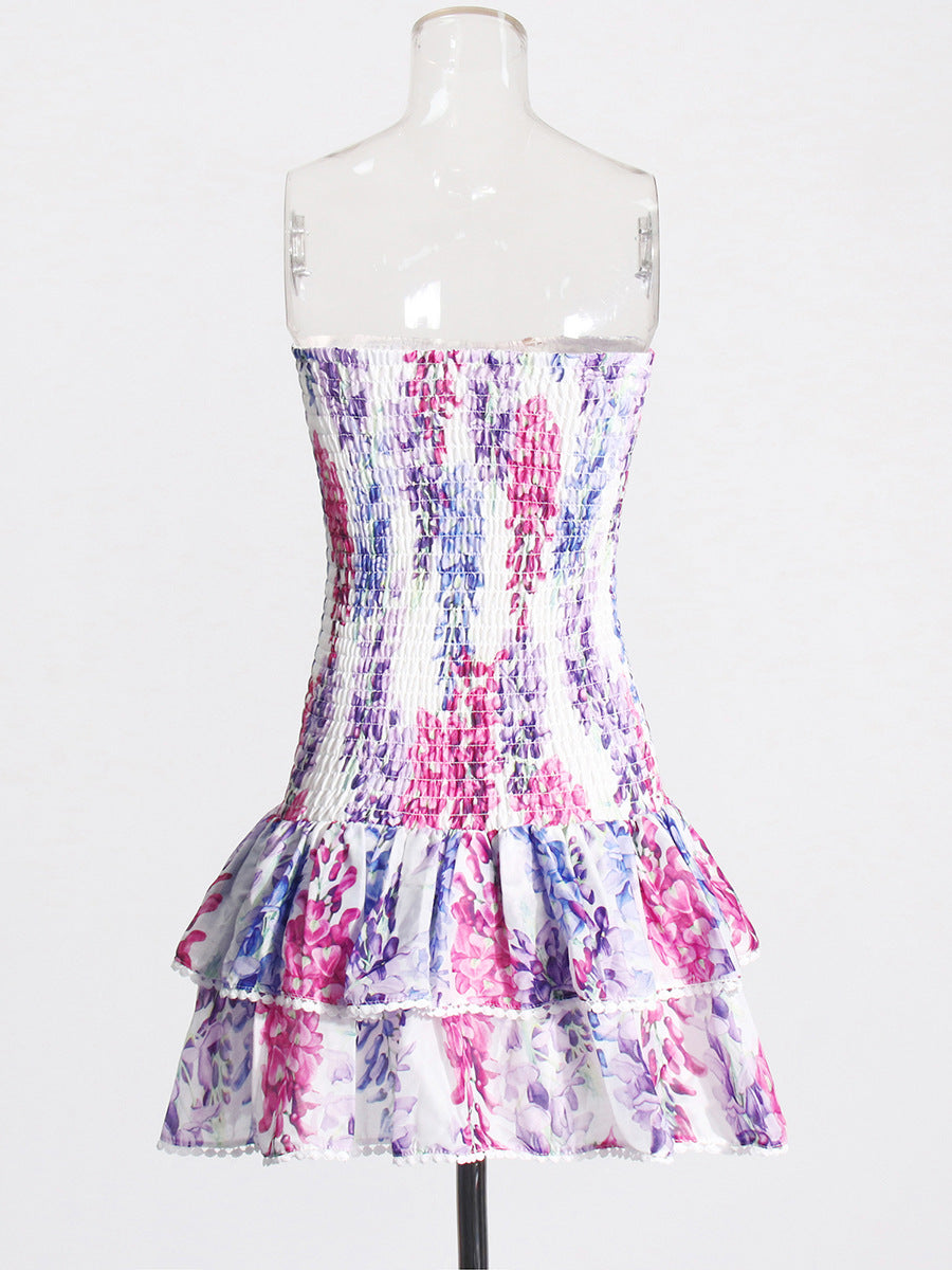 Holiday Style Dress 2025 Summer New Breast-Print Body-Wearing Short Skirt Girl With Lotus Leaf Side