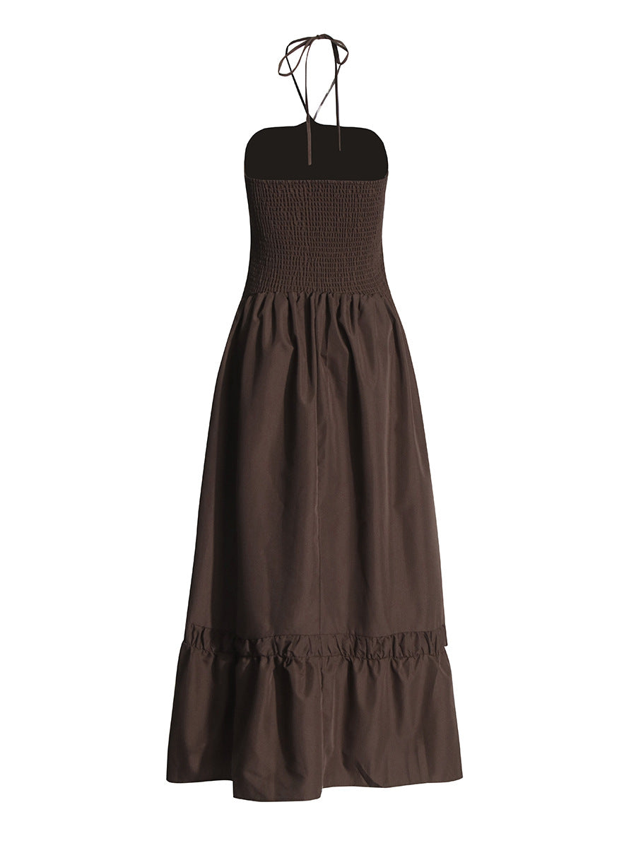 Temperament Gentle Wind 2025 Summer New Splicing Convex Flowers Decorated Hanging Neck Silk Dress Woman