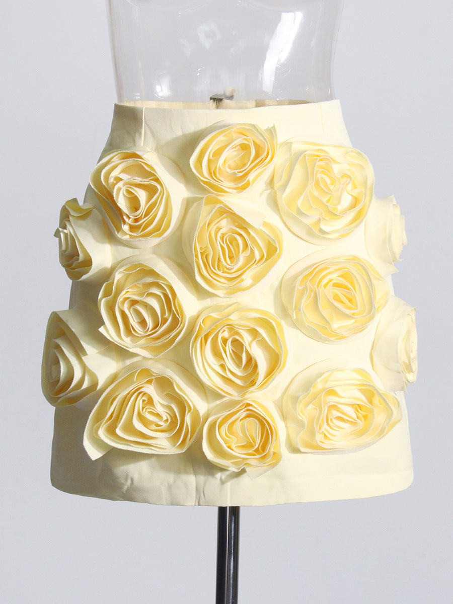 Niche Spliced Rose Flower Set Women's Clothing 2025 New Bubble Sleeve Top High Waist Half Skirt