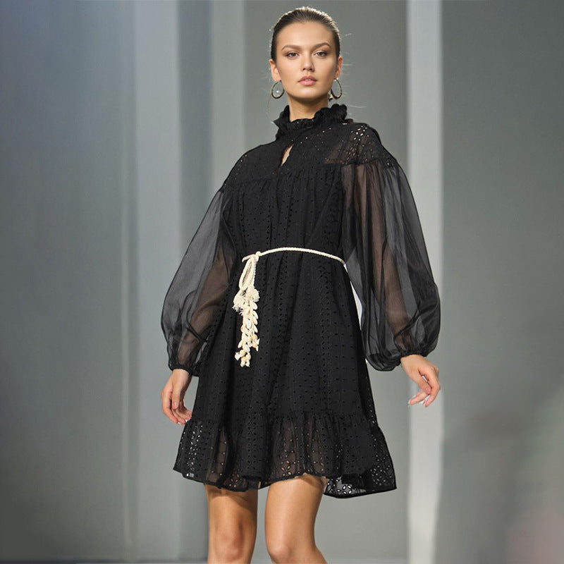 Vintage Dress Women's Dress 2025 Spring New Stand-Necked Lace Lantern Sleeve With Short Skirt