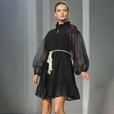 Vintage Dress Women's Dress 2025 Spring New Stand-Necked Lace Lantern Sleeve With Short Skirt