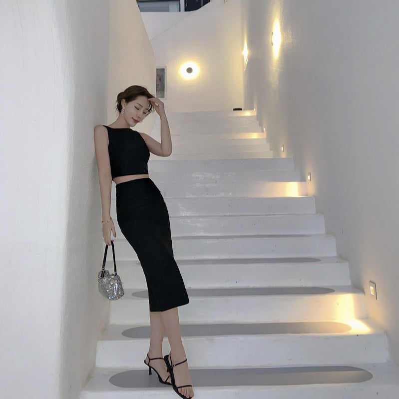 Temperament Suit Women's Short Sleeveless Vest Top High Waist Open Body Skirt Two Sets Of Tide