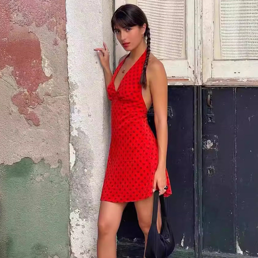 Niche Hanging Neck Sling Dress Sexy V Collar Bare Red Wave Point Hottie Holiday A Short Skirt