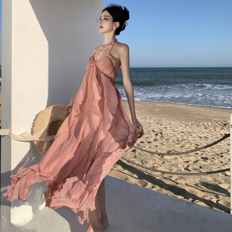 Temperament Hanging Neck Sling Dress Female Summer Dress Pink Bare Back Beach Skirt