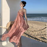 Temperament Hanging Neck Sling Dress Female Summer Dress Pink Bare Back Beach Skirt