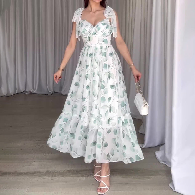 Women's Summer Strap Sling V Tie Floral Skirt High Waist Repair Temperament