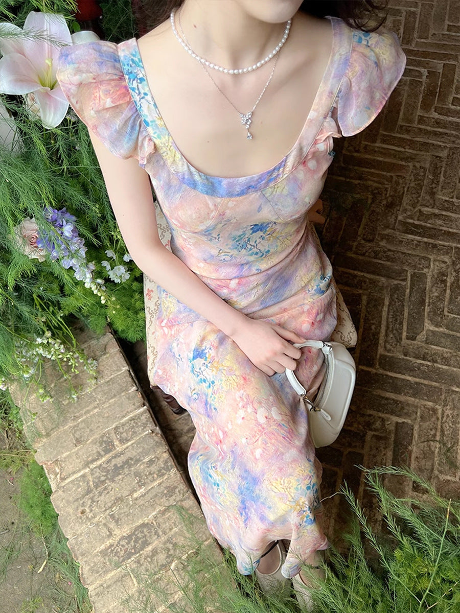 Oil Painting Pink Dress Women's New Summer Temperament To Collect Waist Thin Sling Skirt Holiday Long Broken Floral Dress HZ0628
