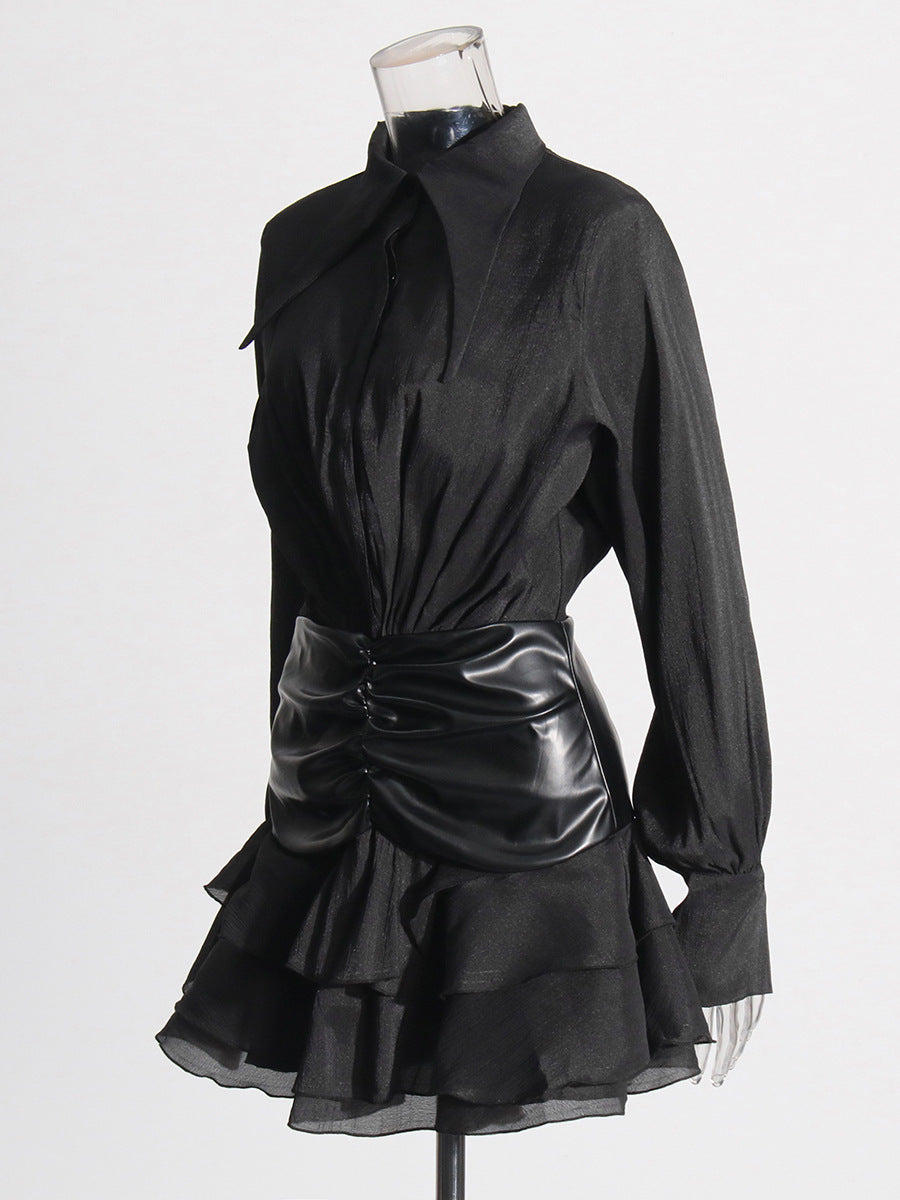 Temperament Sister Style Dress Woman 2025 Summer High-Grade Folded Long Sleeve High-Waisted Leaf Side Short Dress Women's Dress