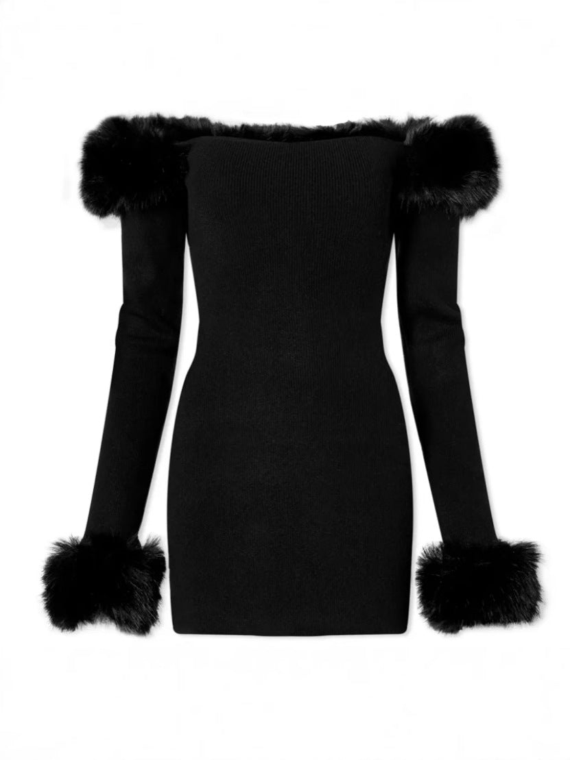 Zhiya With The Same Sexual Passion Shoulder Hair Collar Slim Thin Knit Long-Sleeved Ass Dress Woman