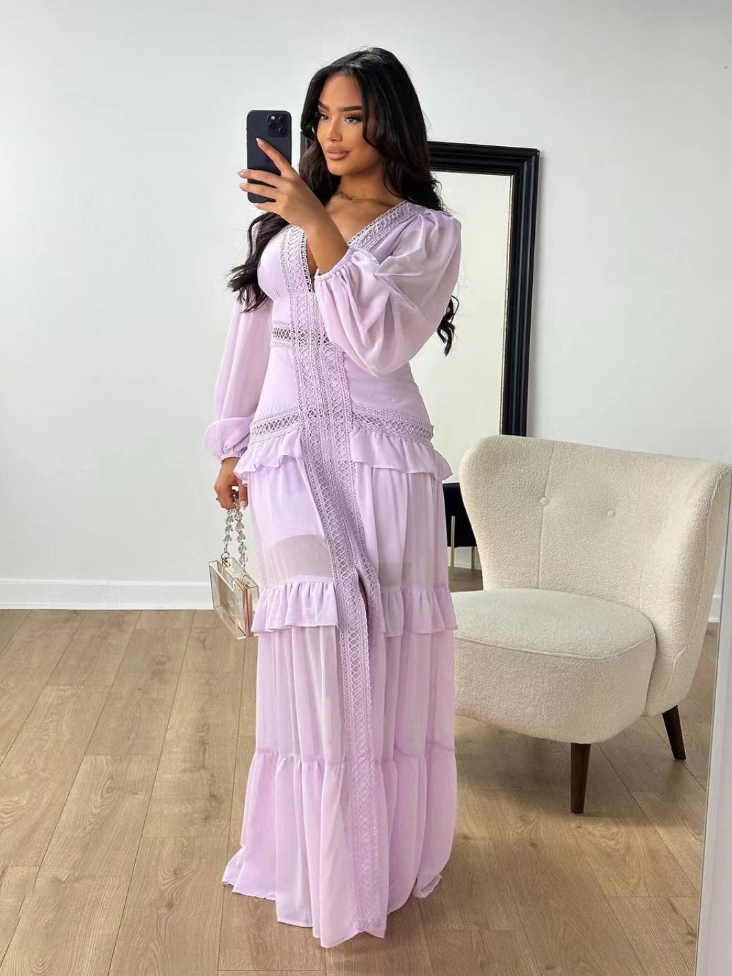 2024 Elegant Splicing Long-Sleeved V-Neck Dress Women's Long Dress