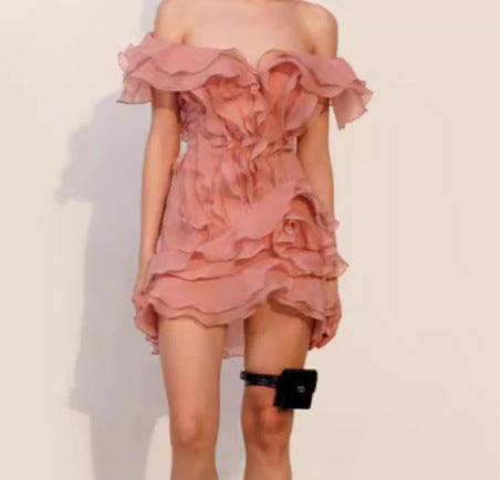 Holiday Wind Shoulder Short Dress 2025 New V Collar Shoulder Lotus Side Flower Dress Female High Sense
