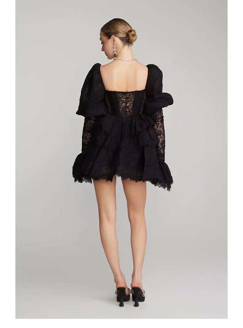 Summer New French Design Hollow Short Romantic Lace Splicing Princess Dress