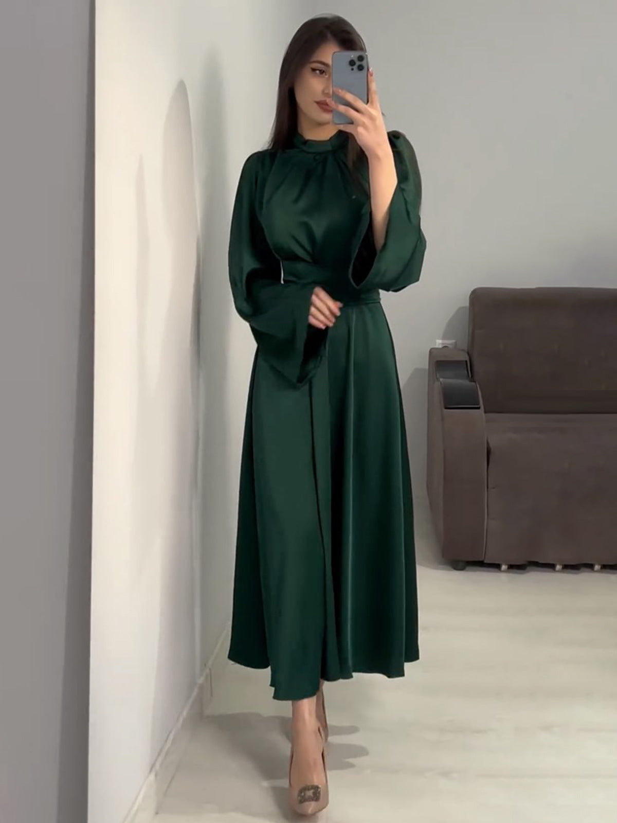 2025 New Waist Display Thin Strap Solid Color Long Sleeve Dress Design Dress Dress Dress Woman