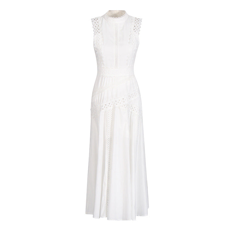 Temperament Lady Style Dress 2025 New Sleeveless Collar Lace Hollow Waist Lotus Leaf Side Gentle Dress Girl