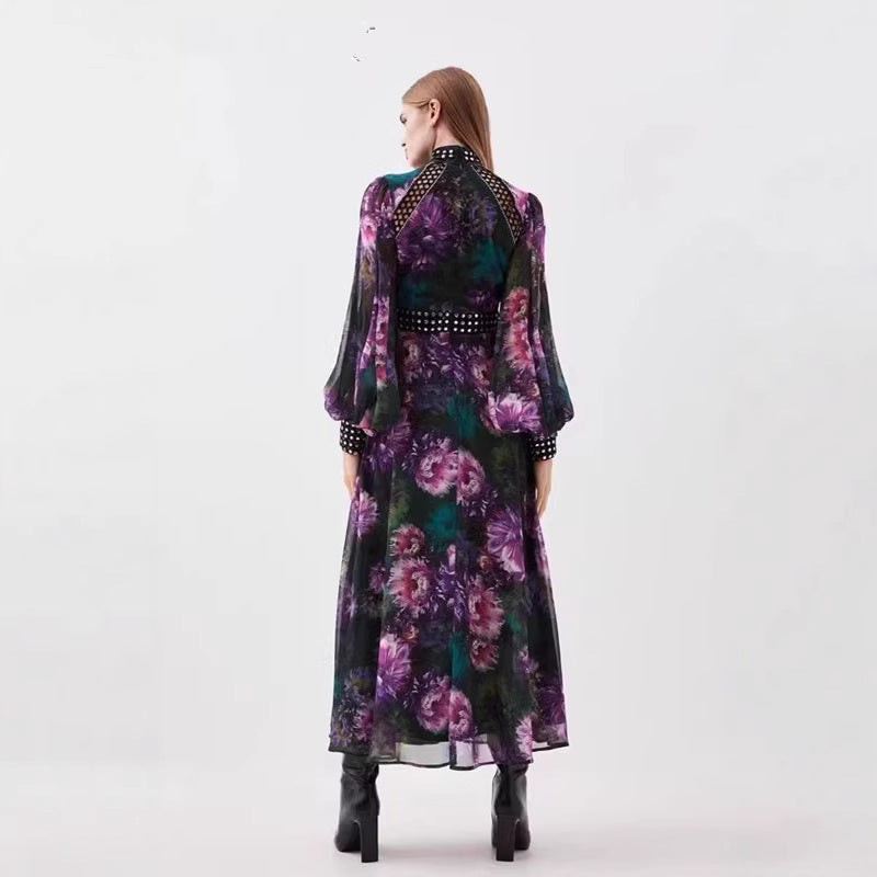 2025 Printed Lace Splicing Hollow Rivet Collar Lantern Long-Sleeved Dress Woman