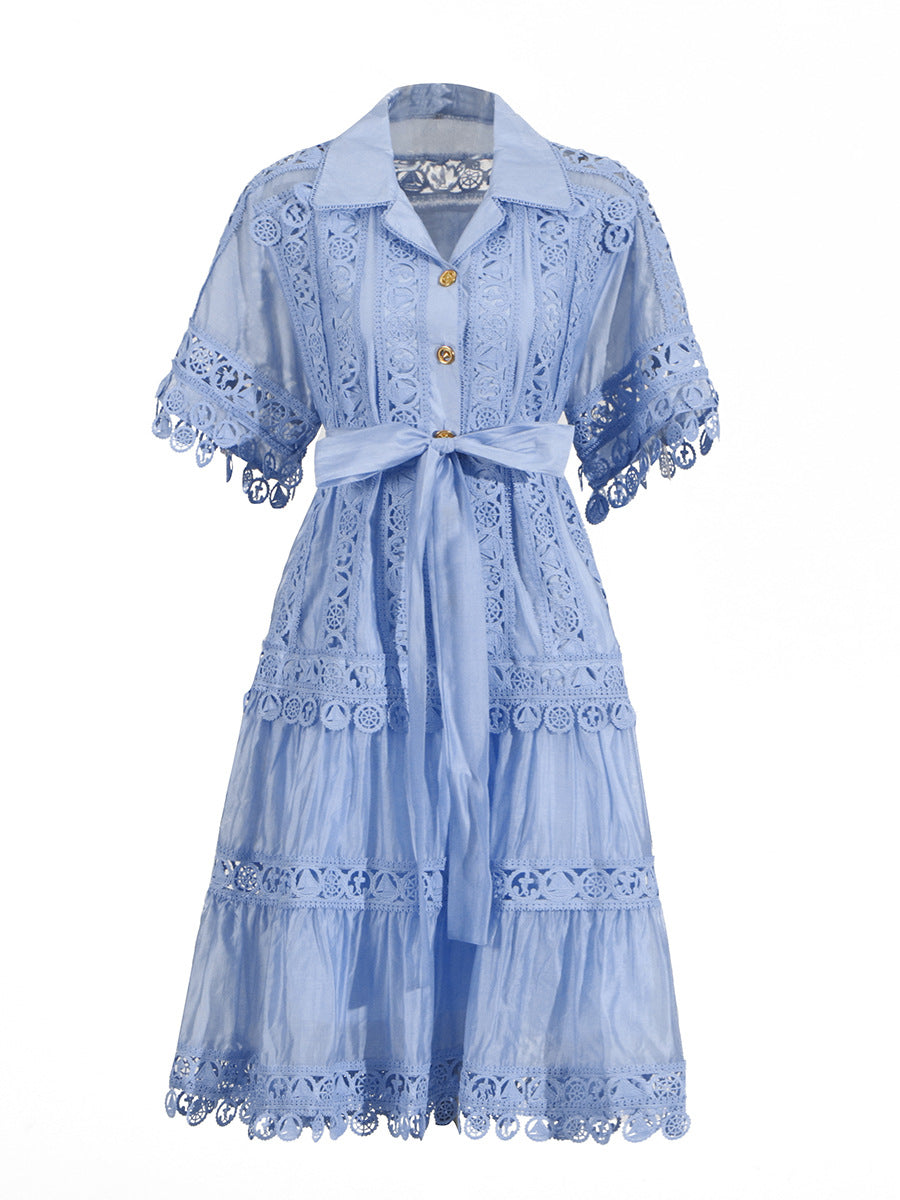 Temperament Vintage Short Dress 2025 Summer New Collar Embroidered Hollow Lace Dress Dress Woman