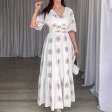 Women's Summer Fashion Vcollar Bubble Sleeve High-Waist Print Splicing Body Dress